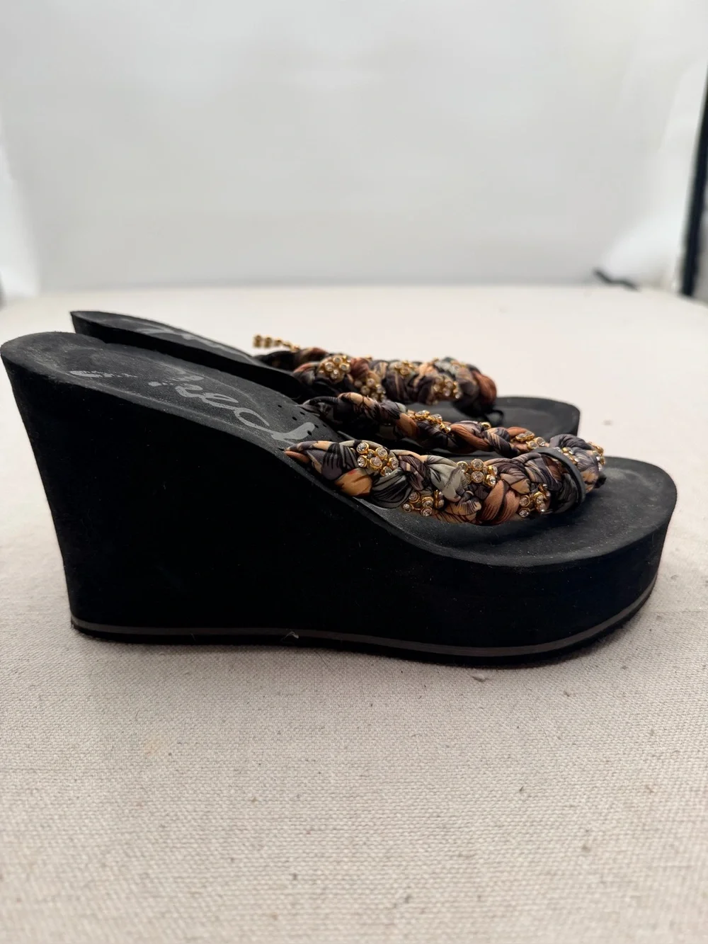 Skechers Wedge Flip-Flop Sandals with Braided Beaded Straps - Black
